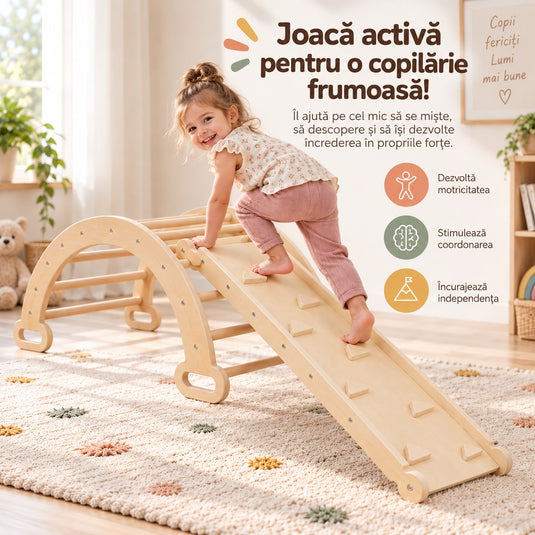 Set de Catarare si Joaca 3in1 din Lemn Climby™ Montessori, Sistem Modular, Triunghi Pikler, Arc-Balansoar, Placa Reversibila cu Tobogan, Multiple Configuratii, pentru Interior, Joaca Activa si Dezvoltare Motrica, 2 – 5 Ani
