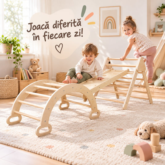 Set de Catarare si Joaca 3in1 din Lemn Climby™ Montessori, Sistem Modular, Triunghi Pikler, Arc-Balansoar, Placa Reversibila cu Tobogan, Multiple Configuratii, pentru Interior, Joaca Activa si Dezvoltare Motrica, 2 – 5 Ani