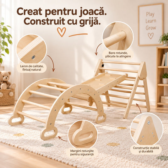 Set de Catarare si Joaca 3in1 din Lemn Climby™ Montessori, Sistem Modular, Triunghi Pikler, Arc-Balansoar, Placa Reversibila cu Tobogan, Multiple Configuratii, pentru Interior, Joaca Activa si Dezvoltare Motrica, 2 – 5 Ani