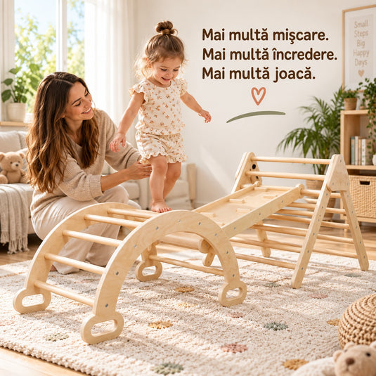 Set de Catarare si Joaca 3in1 din Lemn Climby™ Montessori, Sistem Modular, Triunghi Pikler, Arc-Balansoar, Placa Reversibila cu Tobogan, Multiple Configuratii, pentru Interior, Joaca Activa si Dezvoltare Motrica, 2 – 5 Ani