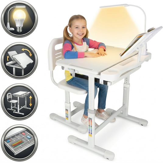 Birou Reglabil Copii cu Scaun Ergonomic FlexiUP™ StudyGrow Lampa LED 3 Moduri, Blat Inclinabil 60°, Sertar Organizator Extensibil, Suport Carti, Carlig Ghiozdan, Suport Pahar, Design pentru Postura Corecta, Reglaj Independent, Stabil, 3-12 Ani, Alb