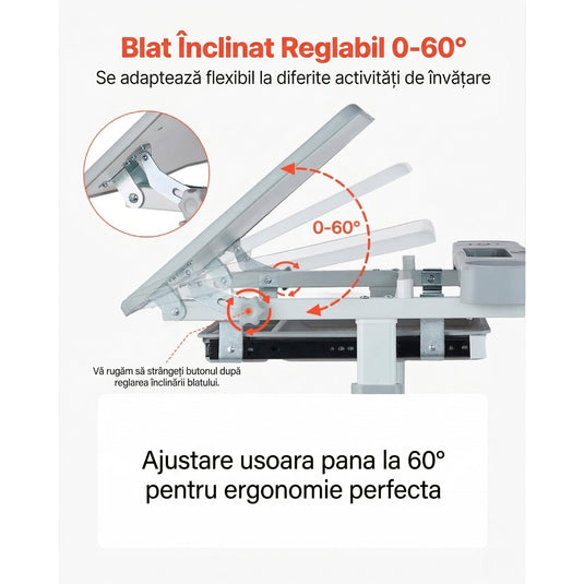 Birou Reglabil Copii cu Scaun Ergonomic FlexiUP™ StudyGrow Lampa LED 3 Moduri, Blat Inclinabil 60°, Sertar Organizator Extensibil, Suport Carti, Carlig Ghiozdan, Suport Pahar, Design pentru Postura Corecta, Reglaj Independent, Stabil, 3-12 Ani, Alb