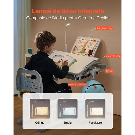 Birou Reglabil Copii cu Scaun Ergonomic FlexiUP™ StudyGrow Lampa LED 3 Moduri, Blat Inclinabil 60°, Sertar Organizator Extensibil, Suport Carti, Carlig Ghiozdan, Suport Pahar, Design pentru Postura Corecta, Reglaj Independent, Stabil, 3-12 Ani, Alb