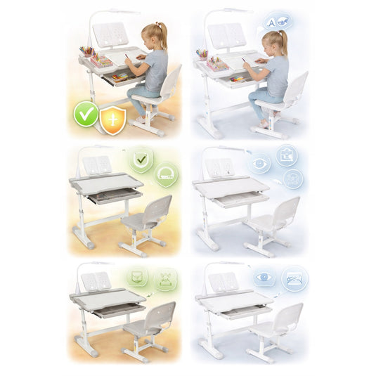 Birou Reglabil Copii cu Scaun Ergonomic FlexiUP™ StudyGrow Lampa LED 3 Moduri, Blat Inclinabil 60°, Sertar Organizator Extensibil, Suport Carti, Carlig Ghiozdan, Suport Pahar, Design pentru Postura Corecta, Reglaj Independent, Stabil, 3-12 Ani, Alb