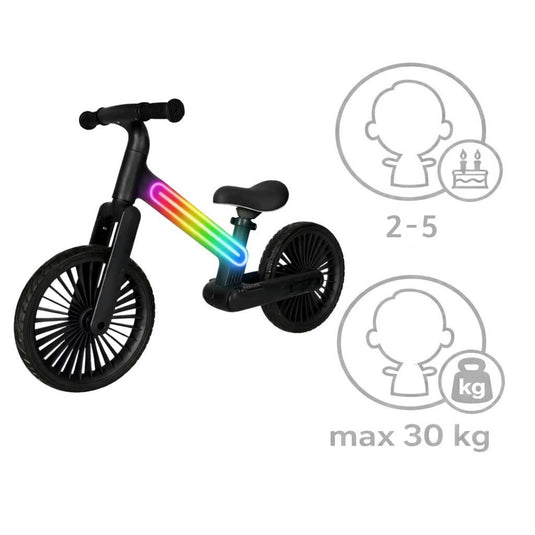Bicicleta de Echilibru pentru Copii - NeoGlow Balance Bike Indiggo@, Iluminare LED RGB 20 Moduri, Roti EVA 12 inch Rezistente, Sa Reglabila, Cadru Usor 3.6 kg, 2+ Ani, Verde