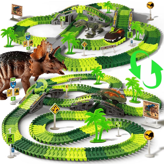 Set Circuit Dino RacePark™ 340 Piese Interconectabile, Masinuta Dinozaur cu Lumini, 2 Figurine Realiste, Palmieri, Semne de Circulatie, Poduri Suspendate, Traseu Flexibil si Interactiv, Dezvolta Creativitatea, Forest Green