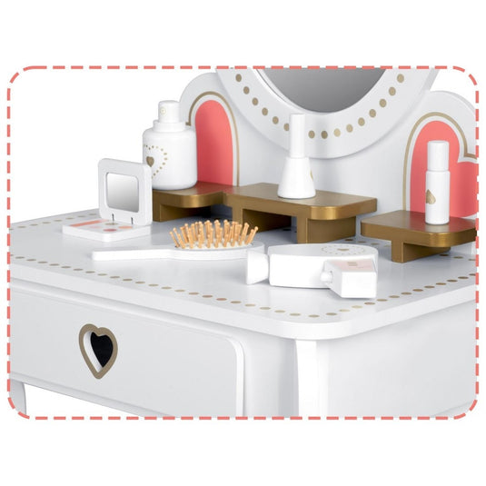 Masuta de Machiaj pentru Fetite, BellePrincesse, KinderVibe™, din Lemn Ecologic, cu Scaunel, Oglinda si Sertar, Accesorii, Margini Rotunjite, 93CM Inaltime, Alb Pastel