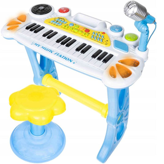 Orga Electronica de Jucarie, KinderVibe, cu Pian, Microfon si Scaunel, Functii Karaoke si Inregistrare Voce, Conectare la Telefon si MP3, Albastru