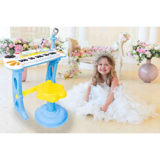 Orga Electronica de Jucarie, KinderVibe, cu Pian, Microfon si Scaunel, Functii Karaoke si Inregistrare Voce, Conectare la Telefon si MP3, Albastru