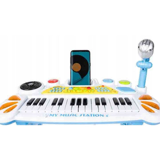 Orga Electronica de Jucarie, KinderVibe, cu Pian, Microfon si Scaunel, Functii Karaoke si Inregistrare Voce, Conectare la Telefon si MP3, Albastru