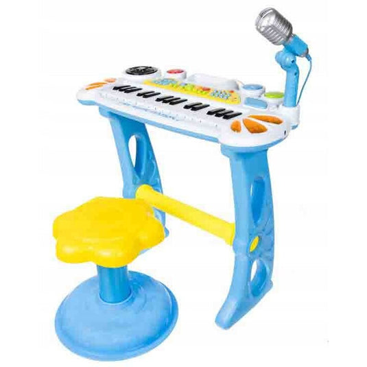 Orga Electronica de Jucarie, KinderVibe, cu Pian, Microfon si Scaunel, Functii Karaoke si Inregistrare Voce, Conectare la Telefon si MP3, Albastru