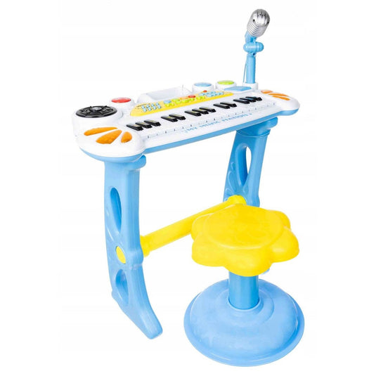 Orga Electronica de Jucarie, KinderVibe, cu Pian, Microfon si Scaunel, Functii Karaoke si Inregistrare Voce, Conectare la Telefon si MP3, Albastru