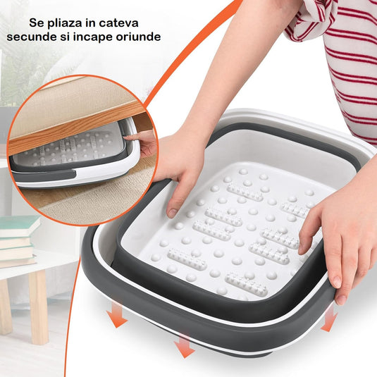 Mini Cadita cu Masaj 3in1 Multifunctionala HomBox® Cos de Rufe si Vas Pliabil, SPA Portabil 8 Role/54 Puncte Masaj Acupunctura, Maner Transport, Flexibila, Rezistenta, Capacitate Mare, Light Grey
