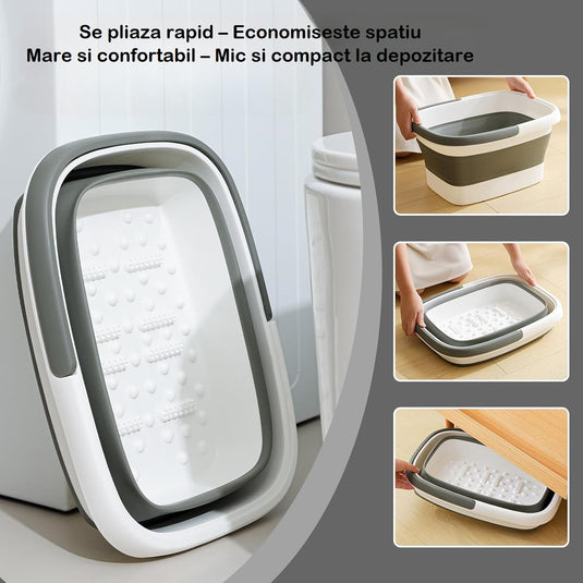 Mini Cadita cu Masaj 3in1 Multifunctionala HomBox® Cos de Rufe si Vas Pliabil, SPA Portabil 8 Role/54 Puncte Masaj Acupunctura, Maner Transport, Flexibila, Rezistenta, Capacitate Mare, Light Grey