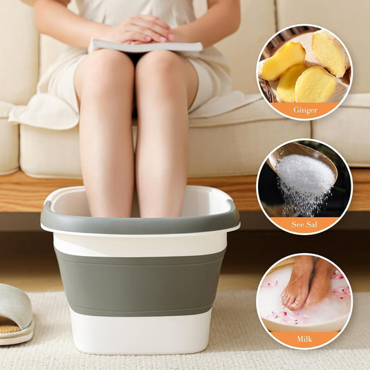 Mini Cadita cu Masaj 3in1 Multifunctionala HomBox® Cos de Rufe si Vas Pliabil, SPA Portabil 8 Role/54 Puncte Masaj Acupunctura, Maner Transport, Flexibila, Rezistenta, Capacitate Mare, Light Grey