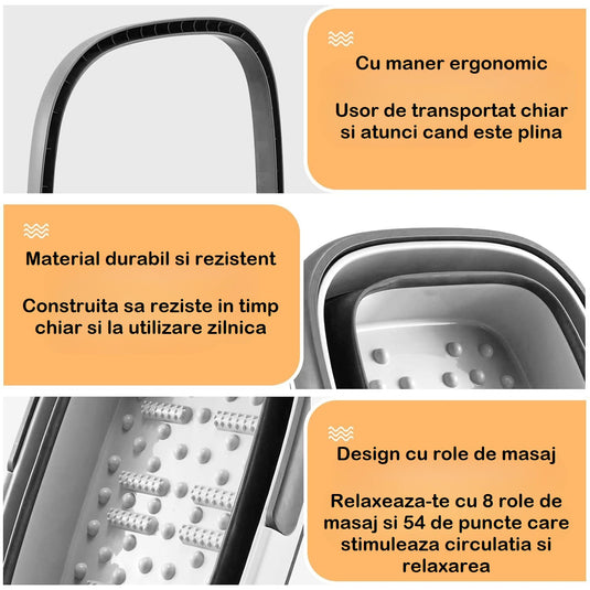 Mini Cadita cu Masaj 3in1 Multifunctionala HomBox® Cos de Rufe si Vas Pliabil, SPA Portabil 8 Role/54 Puncte Masaj Acupunctura, Maner Transport, Flexibila, Rezistenta, Capacitate Mare, Light Grey