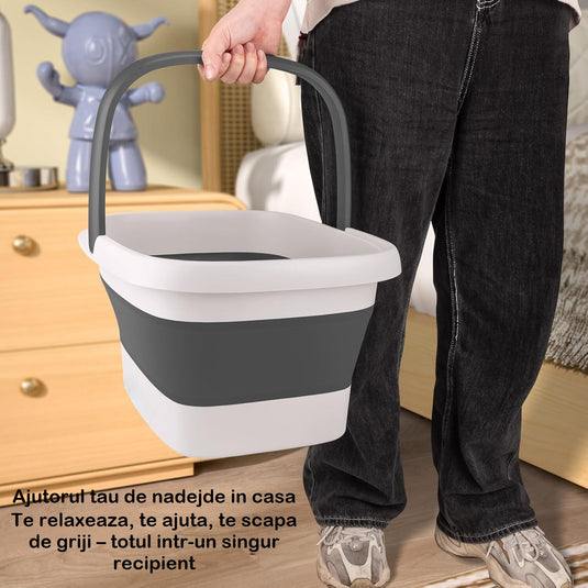 Mini Cadita cu Masaj 3in1 Multifunctionala HomBox® Cos de Rufe si Vas Pliabil, SPA Portabil 8 Role/54 Puncte Masaj Acupunctura, Maner Transport, Flexibila, Rezistenta, Capacitate Mare, Light Grey