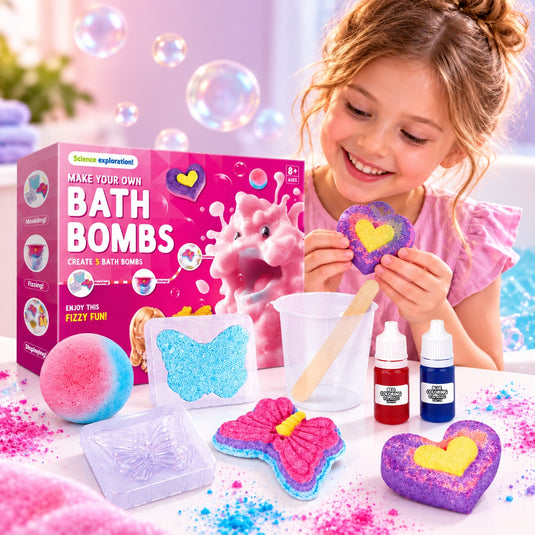 Kit Creativ STEM pentru Bombe de Baie BathBomb Lab™ Efervescenta Magica, 3 Forme, 3 Betisoare, Recipient de Masurare, 2 Pigmenti, Acid Citric, Bicarbonat de Sodiu, Lingurita, Ulei, Parfum, Ghid Ilustrat, Educational si Interactiv, 8+ Ani