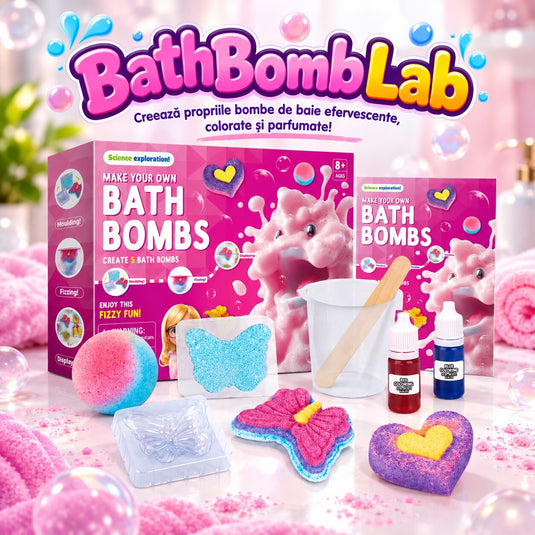 Kit Creativ STEM pentru Bombe de Baie BathBomb Lab™ Efervescenta Magica, 3 Forme, 3 Betisoare, Recipient de Masurare, 2 Pigmenti, Acid Citric, Bicarbonat de Sodiu, Lingurita, Ulei, Parfum, Ghid Ilustrat, Educational si Interactiv, 8+ Ani