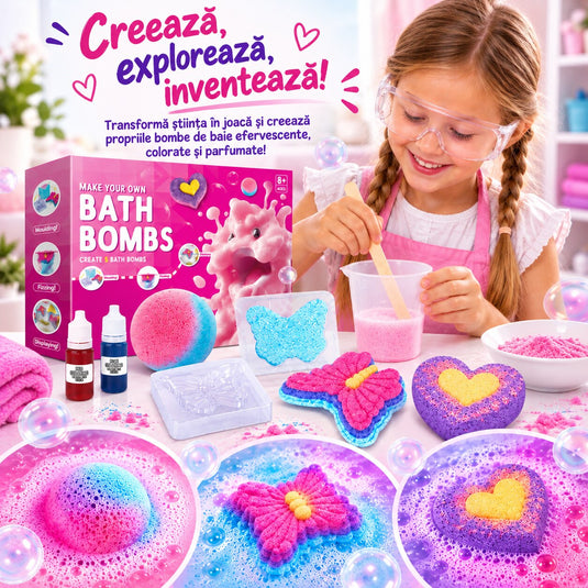 Kit Creativ STEM pentru Bombe de Baie BathBomb Lab™ Efervescenta Magica, 3 Forme, 3 Betisoare, Recipient de Masurare, 2 Pigmenti, Acid Citric, Bicarbonat de Sodiu, Lingurita, Ulei, Parfum, Ghid Ilustrat, Educational si Interactiv, 8+ Ani
