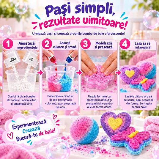 Kit Creativ STEM pentru Bombe de Baie BathBomb Lab™ Efervescenta Magica, 3 Forme, 3 Betisoare, Recipient de Masurare, 2 Pigmenti, Acid Citric, Bicarbonat de Sodiu, Lingurita, Ulei, Parfum, Ghid Ilustrat, Educational si Interactiv, 8+ Ani