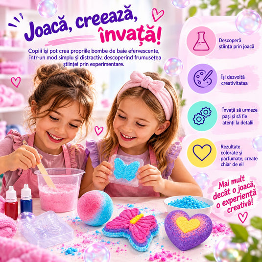 Kit Creativ STEM pentru Bombe de Baie BathBomb Lab™ Efervescenta Magica, 3 Forme, 3 Betisoare, Recipient de Masurare, 2 Pigmenti, Acid Citric, Bicarbonat de Sodiu, Lingurita, Ulei, Parfum, Ghid Ilustrat, Educational si Interactiv, 8+ Ani