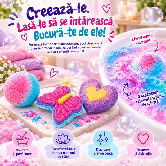 Kit Creativ STEM pentru Bombe de Baie BathBomb Lab™ Efervescenta Magica, 3 Forme, 3 Betisoare, Recipient de Masurare, 2 Pigmenti, Acid Citric, Bicarbonat de Sodiu, Lingurita, Ulei, Parfum, Ghid Ilustrat, Educational si Interactiv, 8+ Ani