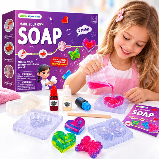Kit Creativ STEM pentru Fabricarea Sapunurilor, indiggo, 2 Forme, Aroma de Lamaie, 8+ Ani