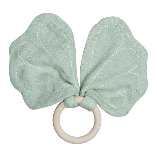 Jucarie Dentitie cu Inel din Lemn -Butterfly - Light Green, Bumbac organic si Lemn natural