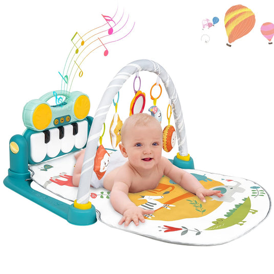 Salteluta de Joaca si Activitati 5in1 Multifunctional MiniPiano Indiggo® Covoras Muzical cu Lumini, Functie Bluetooth, Pian Detasabil, Perna Moale si Lavabila, Arcada cu Jucarii si Oglinda, Creativ si Interactiv, Baby Blue