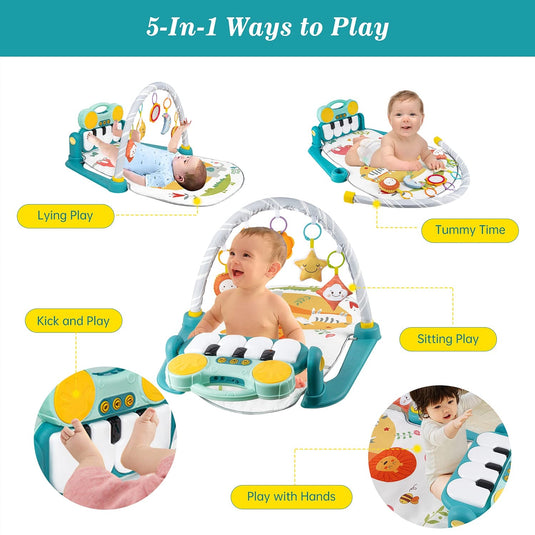 Salteluta de Joaca si Activitati 5in1 Multifunctional MiniPiano Indiggo® Covoras Muzical cu Lumini, Functie Bluetooth, Pian Detasabil, Perna Moale si Lavabila, Arcada cu Jucarii si Oglinda, Creativ si Interactiv, Baby Blue