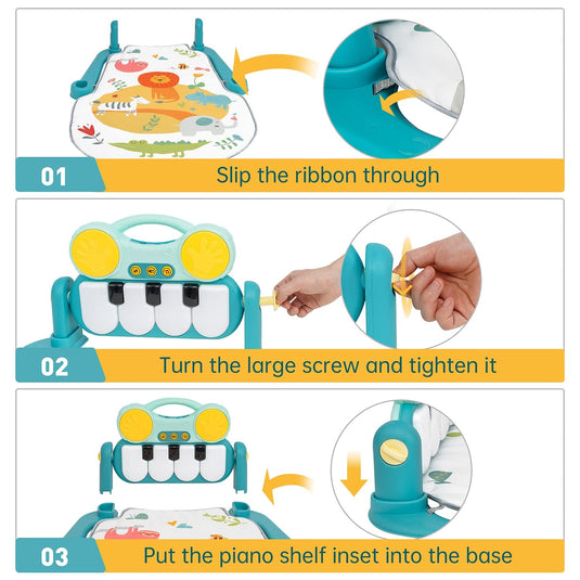 Salteluta de Joaca si Activitati 5in1 Multifunctional MiniPiano Indiggo® Covoras Muzical cu Lumini, Functie Bluetooth, Pian Detasabil, Perna Moale si Lavabila, Arcada cu Jucarii si Oglinda, Creativ si Interactiv, Baby Blue