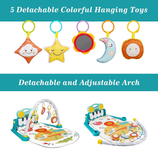 Salteluta de Joaca si Activitati 5in1 Multifunctional MiniPiano Indiggo® Covoras Muzical cu Lumini, Functie Bluetooth, Pian Detasabil, Perna Moale si Lavabila, Arcada cu Jucarii si Oglinda, Creativ si Interactiv, Baby Blue