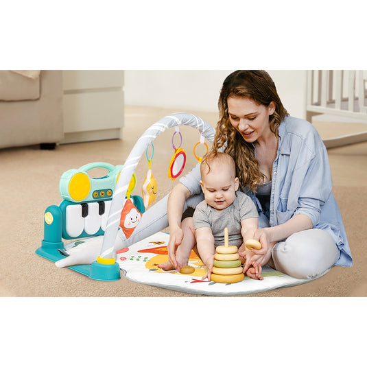 Salteluta de Joaca si Activitati 5in1 Multifunctional MiniPiano Indiggo® Covoras Muzical cu Lumini, Functie Bluetooth, Pian Detasabil, Perna Moale si Lavabila, Arcada cu Jucarii si Oglinda, Creativ si Interactiv, Baby Blue