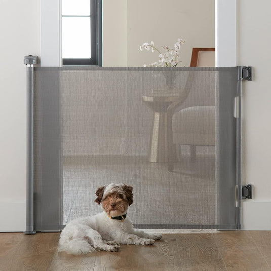 Poarta de Siguranta Retractabila si Extensibila 140 Cm FlexiBlock® Design RANFORSAT, Mecanism Dublu Blocare, Material Plasa Anti-Shock, Protectie Copii/Animale de Companie, Universal, Usi/Scari/Holuri, Interior/Exterior, Instalare Usoara, White Opal