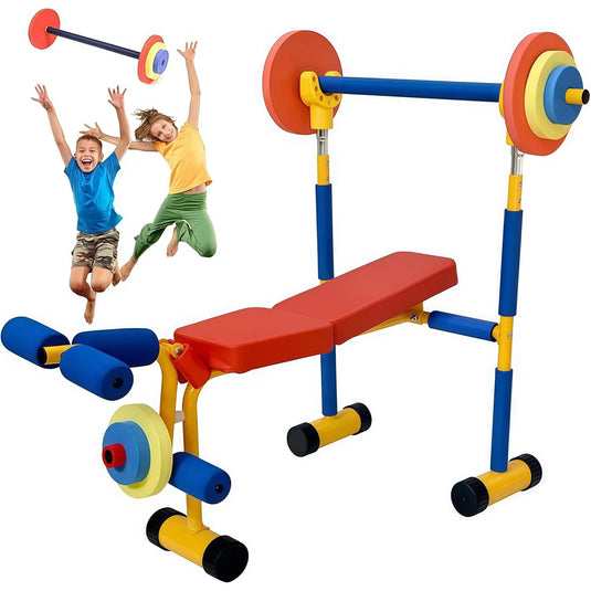 Banca Fitness Multifunctionala 3in1 pentru Copii MiniMotion™ PowerMax cu Presa Piept, Extensii Picioare si Gantera cu Discuri Detasabile, Reglabila, Cadru din Otel Rezistent, Protectie Spuma EVA, Sigura si Stabila, Multicolor