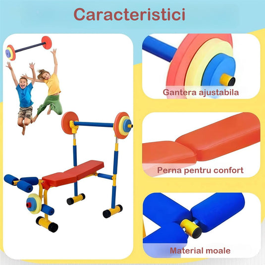Banca Fitness Multifunctionala 3in1 pentru Copii MiniMotion™ PowerMax cu Presa Piept, Extensii Picioare si Gantera cu Discuri Detasabile, Reglabila, Cadru din Otel Rezistent, Protectie Spuma EVA, Sigura si Stabila, Multicolor