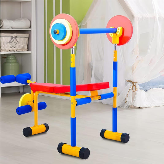 Banca Fitness Multifunctionala 3in1 pentru Copii MiniMotion™ PowerMax cu Presa Piept, Extensii Picioare si Gantera cu Discuri Detasabile, Reglabila, Cadru din Otel Rezistent, Protectie Spuma EVA, Sigura si Stabila, Multicolor