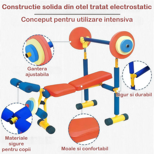 Banca Fitness Multifunctionala 3in1 pentru Copii MiniMotion™ PowerMax cu Presa Piept, Extensii Picioare si Gantera cu Discuri Detasabile, Reglabila, Cadru din Otel Rezistent, Protectie Spuma EVA, Sigura si Stabila, Multicolor