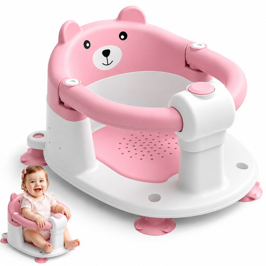Scaun de Baie pentru Bebelusi TubbyCub™ Hug 360°, Brate Rabatabile cu Sistem de Blocare, 4 Ventuze Antiderapante, Sezut Ventilat cu Drenaj, Spatar Confortabil, Margini Rotunjite, Stabilitate Sporita, Baby Bear Pink