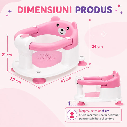 Scaun de Baie pentru Bebelusi TubbyCub™ Hug 360°, Brate Rabatabile cu Sistem de Blocare, 4 Ventuze Antiderapante, Sezut Ventilat cu Drenaj, Spatar Confortabil, Margini Rotunjite, Stabilitate Sporita, Baby Bear Pink