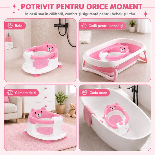 Scaun de Baie pentru Bebelusi TubbyCub™ Hug 360°, Brate Rabatabile cu Sistem de Blocare, 4 Ventuze Antiderapante, Sezut Ventilat cu Drenaj, Spatar Confortabil, Margini Rotunjite, Stabilitate Sporita, Baby Bear Pink