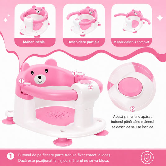 Scaun de Baie pentru Bebelusi TubbyCub™ Hug 360°, Brate Rabatabile cu Sistem de Blocare, 4 Ventuze Antiderapante, Sezut Ventilat cu Drenaj, Spatar Confortabil, Margini Rotunjite, Stabilitate Sporita, Baby Bear Pink