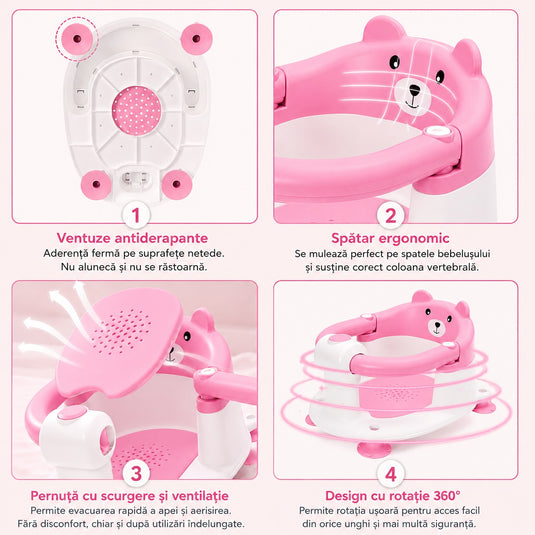 Scaun de Baie pentru Bebelusi TubbyCub™ Hug 360°, Brate Rabatabile cu Sistem de Blocare, 4 Ventuze Antiderapante, Sezut Ventilat cu Drenaj, Spatar Confortabil, Margini Rotunjite, Stabilitate Sporita, Baby Bear Pink