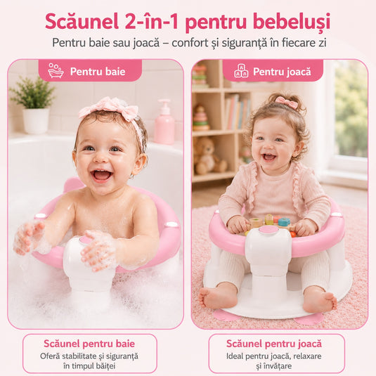 Scaun de Baie pentru Bebelusi TubbyCub™ Hug 360°, Brate Rabatabile cu Sistem de Blocare, 4 Ventuze Antiderapante, Sezut Ventilat cu Drenaj, Spatar Confortabil, Margini Rotunjite, Stabilitate Sporita, Baby Bear Pink