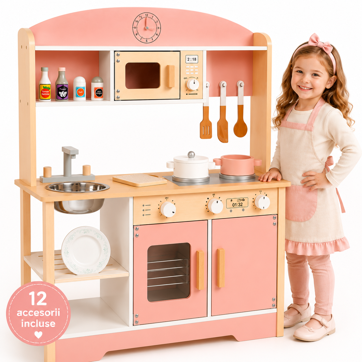 Bucatarie din Lemn pentru Copii, 85 cm, Cuptor, Plita, Chiuveta si Accesorii, Montessori, Alb/Roz