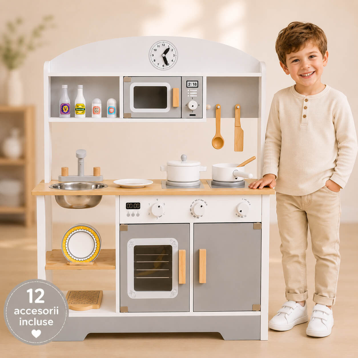 Bucatarie din Lemn pentru Copii, 85 cm – Bucatarie de Joaca cu Cuptor, Chiuveta, Plita, Cuptor cu Microunde si Accesorii