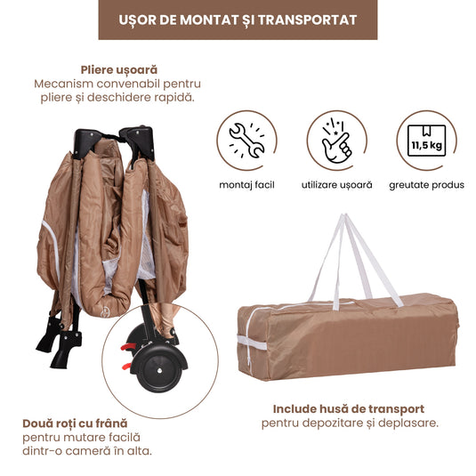 Pătuț pliabil maro KiddoTrip NEXT 2 în 1