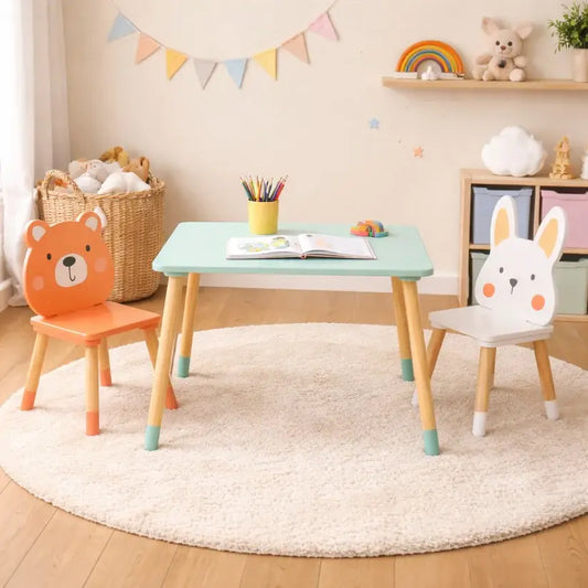 Masuta si 2 Scaune Copii din Lemn Sweet Animals – Set Montessori Bear & Bunny, Design Scandinav, Green Woody